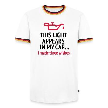 Lustiges blondes Scherzführerscheinautofahröl - Männer Kontrast-T-Shirt - Weiß/Dreifarbig - Vorne - AI Model Female 172 light (172cm) & AI Model Male 185 light (185cm)
