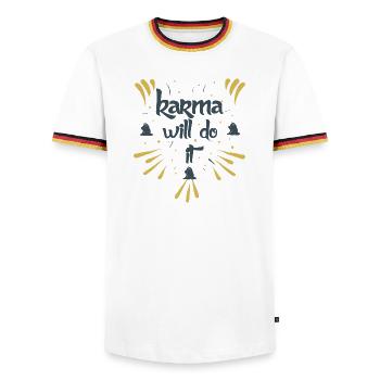 karma will do it kontiki - Men's Ringer Shirt - white/tricolour - Front - AI Model Female 172 light (172cm) & AI Model Male 185 light (185cm)
