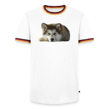 Maia Malamute Welpe - Männer Kontrast-T-Shirt - Weiß/Dreifarbig - Vorne - AI Model Female 172 light (172cm) & AI Model Male 185 light (185cm)