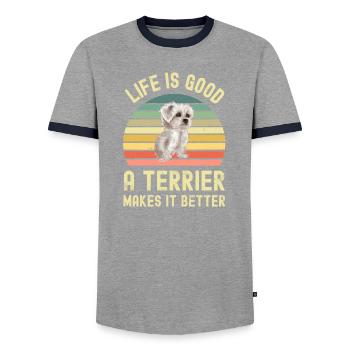 West Highland White Terrier - Men's Ringer Shirt - grey/navy  - Front - AI Model Female 172 light (172cm) & AI Model Male 178 light (178cm)