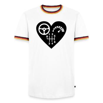 Getriebe 6 Gang Herz - Männer Kontrast-T-Shirt - Weiß/Dreifarbig - Vorne - AI Model Female 172 light (172cm) & AI Model Male 185 light (185cm)