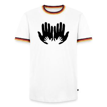 Open parents hands with children's hands - Men's Ringer Shirt - white/tricolour - Front - AI Model Female 172 light (172cm) & AI Model Male 185 light (185cm)