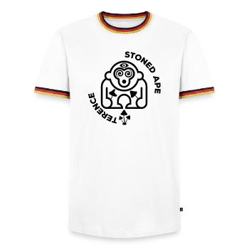 Terence McKennas Stoned Ape Theory. Psilocybin. - Männer Kontrast-T-Shirt - Weiß/Dreifarbig - Vorne - AI Model Female 172 light (172cm) & AI Model Male 185 light (185cm)