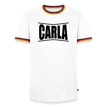 t-shirt Carla t-shirt gift idea - Men's Ringer Shirt - white/tricolour - Front - AI Model Female 172 light (172cm) & AI Model Male 185 light (185cm)