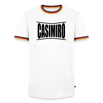 t-shirt Casimiro t-shirt gift idea - Men's Ringer Shirt - white/tricolour - Front - AI Model Female 172 light (172cm) & AI Model Male 185 light (185cm)