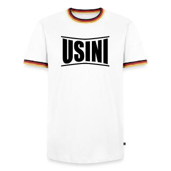 t-shirt Usini t-shirt Sardinia gift idea - Men's Ringer Shirt - white/tricolour - Front - AI Model Female 172 light (172cm) & AI Model Male 185 light (185cm)