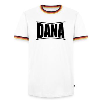Dana t-shirt gift idea - Men's Ringer Shirt - white/tricolour - Front - AI Model Female 172 light (172cm) & AI Model Male 185 light (185cm)