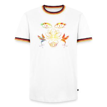 Zen face - Men's Ringer Shirt - white/tricolour - Front - AI Model Female 172 light (172cm) & AI Model Male 185 light (185cm)