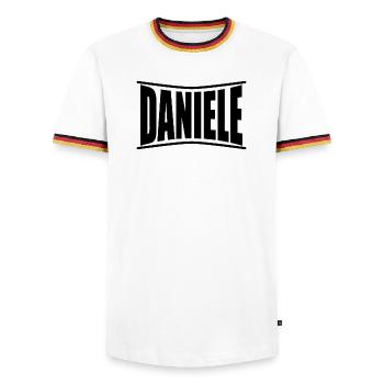Daniele t-shirt gift idea - Men's Ringer Shirt - white/tricolour - Front - AI Model Female 172 light (172cm) & AI Model Male 185 light (185cm)