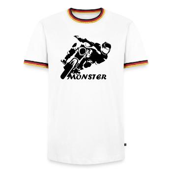 MonsterBike - Men's Ringer Shirt - white/tricolour - Front - AI Model Female 172 light (172cm) & AI Model Male 185 light (185cm)