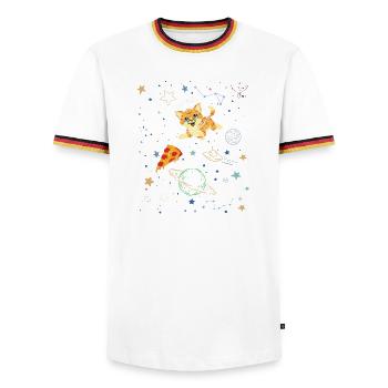 Verspielte Katze in der kosmischen Weltraumszene - Männer Kontrast-T-Shirt - Weiß/Dreifarbig - Vorne - AI Model Female 172 light (172cm) & AI Model Male 185 light (185cm)