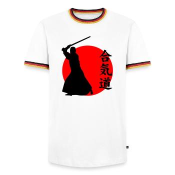 Aikido - Men's Ringer Shirt - white/tricolour - Front - AI Model Female 172 light (172cm) & AI Model Male 185 light (185cm)