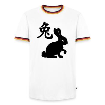 Chinese character rabbit with rabbit image - Men's Ringer Shirt - white/tricolour - Front - AI Model Female 172 light (172cm) & AI Model Male 185 light (185cm)