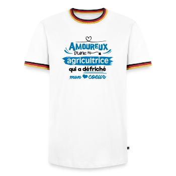 Amoureux d'une agricultrice - T-shirt contrasté Homme - blanc/tricolore - Devant - AI Model Female 172 light (172cm) & AI Model Male 185 light (185cm)