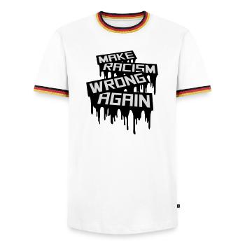 make racism wrong again - Men's Ringer Shirt - white/tricolour - Front - AI Model Female 172 light (172cm) & AI Model Male 185 light (185cm)