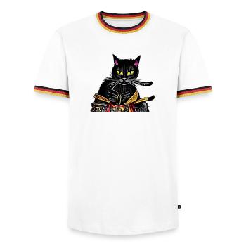 Chat samouraï avec une armure dorée - T-shirt contrasté Homme - blanc/tricolore - Devant - AI Model Female 172 light (172cm) & AI Model Male 185 light (185cm)