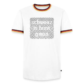 Schwoaz is colorful gmua - black is colorful enough - Men's Ringer Shirt - white/tricolour - Front - AI Model Female 172 light (172cm) & AI Model Male 185 light (185cm)