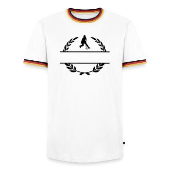 Hockey lady in laurel wreath monogram - Men's Ringer Shirt - white/tricolour - Front - AI Model Female 172 light (172cm) & AI Model Male 185 light (185cm)