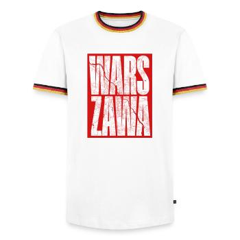 Warszawa Stadtkarte im Schriftzug-Design - Männer Kontrast-T-Shirt - Weiß/Dreifarbig - Vorne - AI Model Female 172 light (172cm) & AI Model Male 185 light (185cm)