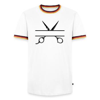Texte bannière logo coiffeur ouvrir ciseaux - T-shirt contrasté Homme - blanc/tricolore - Devant - AI Model Female 172 light (172cm) & AI Model Male 185 light (185cm)