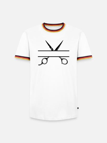 Texte bannière logo coiffeur ouvrir ciseaux - T-shirt contrasté Homme - blanc/tricolore