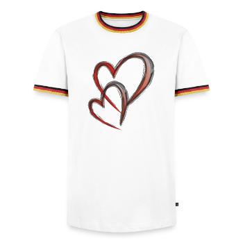 doppelherz 4 6 23 - Männer Kontrast-T-Shirt - Weiß/Dreifarbig - Vorne - AI Model Female 172 light (172cm) & AI Model Male 185 light (185cm)