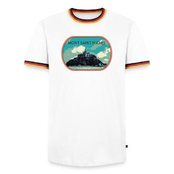 Illustration in blue and green of Mont Saint Michel - Men's Ringer Shirt - white/tricolour - Front - AI Model Female 172 light (172cm) & AI Model Male 185 light (185cm)