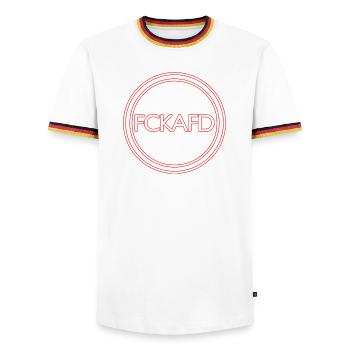 FCK AFD - Männer Kontrast-T-Shirt - Weiß/Dreifarbig - Vorne - AI Model Female 172 light (172cm) & AI Model Male 185 light (185cm)