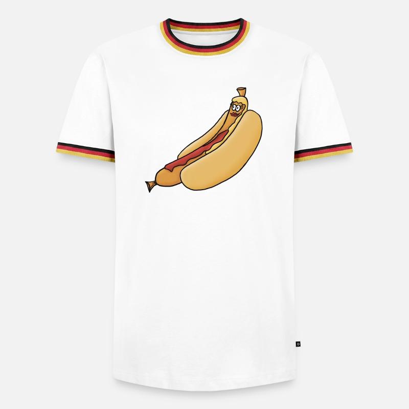 entspannte Bockwurst im Brötchen - Männer Kontrast-T-Shirt - Weiß/Dreifarbig