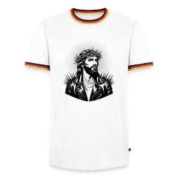 Jesus Christus mit stylischer Frisur & Lederjacke - Männer Kontrast-T-Shirt - Weiß/Dreifarbig - Vorne - AI Model Female 172 light (172cm) & AI Model Male 185 light (185cm)
