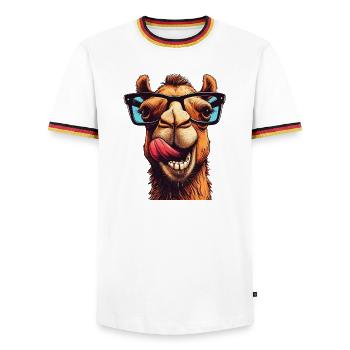 Kamel - Männer Kontrast-T-Shirt - Weiß/Dreifarbig - Vorne - AI Model Female 172 light (172cm) & AI Model Male 185 light (185cm)