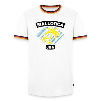 Mallorca – JGA unter Palmen - Männer Kontrast-T-Shirt - Weiß/Dreifarbig - Vorne - AI Model Female 172 light (172cm) & AI Model Male 185 light (185cm)