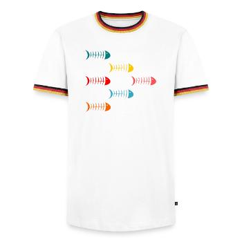 POISSON. POISSON D'AVRIL. VACANCES. ETE. HUMOUR. - T-shirt contrasté Homme - blanc/tricolore - Devant - AI Model Female 172 light (172cm) & AI Model Male 185 light (185cm)