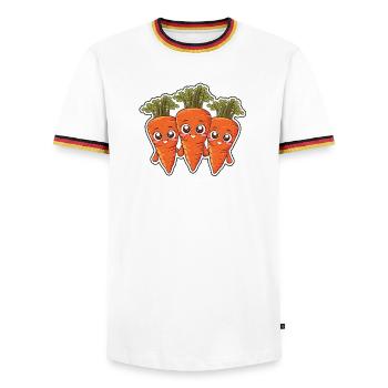 Karla, Kalle et Kim – Les amis de la carotte - T-shirt contrasté Homme - blanc/tricolore - Devant - AI Model Female 172 light (172cm) & AI Model Male 185 light (185cm)