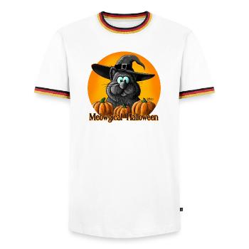 Chat d'Halloween avec chapeau de sorcière - T-shirt contrasté Homme - blanc/tricolore - Devant - AI Model Female 172 light (172cm) & AI Model Male 185 light (185cm)