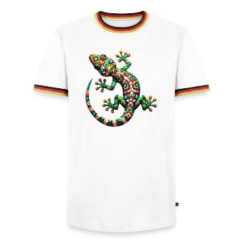 Gecko - Männer Kontrast-T-Shirt - Weiß/Dreifarbig - Vorne - AI Model Female 172 light (172cm) & AI Model Male 185 light (185cm)