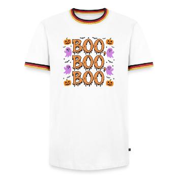 Lustige Halloween-'BOO'-Geister und Kürbisse - Männer Kontrast-T-Shirt - Weiß/Dreifarbig - Vorne - AI Model Female 172 light (172cm) & AI Model Male 185 light (185cm)