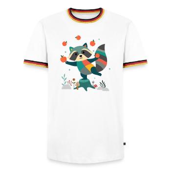 Playful raccoon happily juggling apples - Men's Ringer Shirt - white/tricolour - Front - AI Model Female 172 light (172cm) & AI Model Male 185 light (185cm)