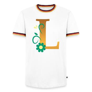L - Men's Ringer Shirt - white/tricolour - Front - AI Model Female 172 light (172cm) & AI Model Male 185 light (185cm)