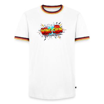 Wing Chun shirt explosion - Men's Ringer Shirt - white/tricolour - Front - AI Model Female 172 light (172cm) & AI Model Male 185 light (185cm)
