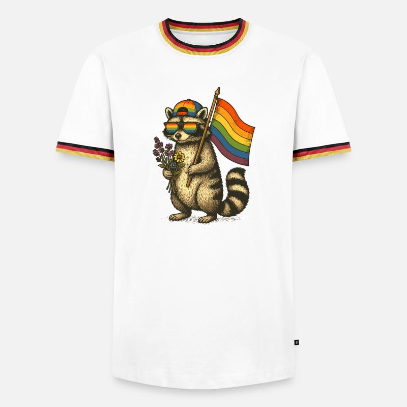 Waschbär Pride mit Regenbogenflagge - Männer Kontrast-T-Shirt - Weiß/Dreifarbig