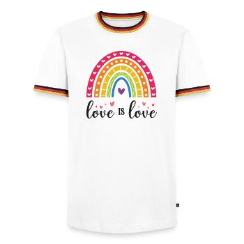 Mois de la fierté LGBT - Love is Love - T-shirt contrasté Homme - blanc/tricolore - Devant - AI Model Female 172 light (172cm) & AI Model Male 185 light (185cm)