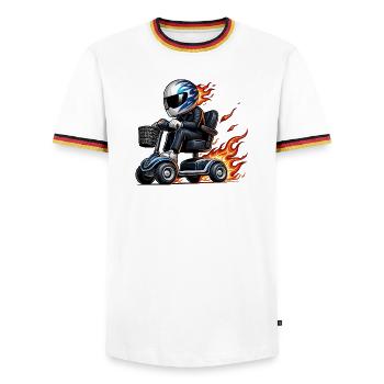 Race Elektromobil blau - Männer Kontrast-T-Shirt - Weiß/Dreifarbig - Vorne - AI Model Female 172 light (172cm) & AI Model Male 185 light (185cm)