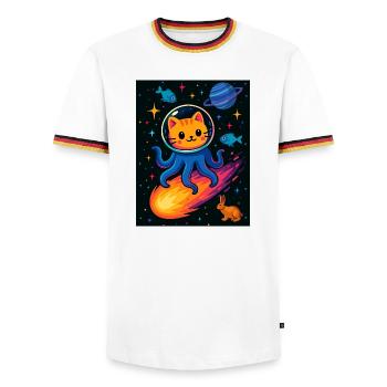Cosmic Cat Octopus Adventure - Men's Ringer Shirt - white/tricolour - Front - AI Model Female 172 light (172cm) & AI Model Male 185 light (185cm)