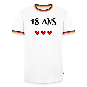 18. 18 JAHRE ALT. 18-JÄHRIGES JUBILÄUM. 18. GEBURTSTAG. - Männer Kontrast-T-Shirt - Weiß/Dreifarbig - Vorne - AI Model Female 172 light (172cm) & AI Model Male 185 light (185cm)