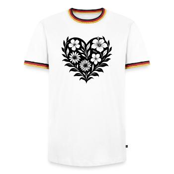 Flower Heart - Floral Heart on Black - Men's Ringer Shirt - white/tricolour - Front - AI Model Female 172 light (172cm) & AI Model Male 185 light (185cm)