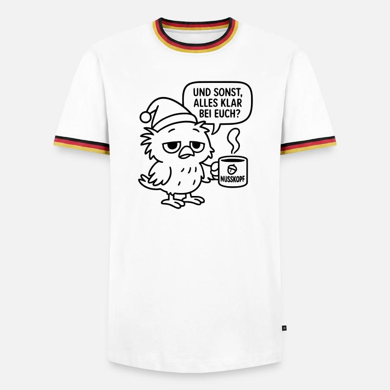 Morgenmuffel Vogel_mit_Kaffeetasse_und_Sprechblase - Männer Kontrast-T-Shirt - Weiß/Dreifarbig