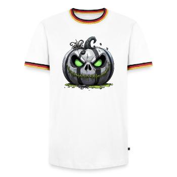 Grim Pumpkin Zombie with Green Eyes - Men's Ringer Shirt - white/tricolour - Front - AI Model Female 172 light (172cm) & AI Model Male 185 light (185cm)