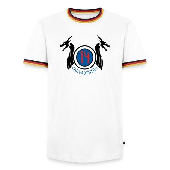 14 Calvadosium - Männer Kontrast-T-Shirt - Weiß/Dreifarbig - Vorne - AI Model Female 172 light (172cm) & AI Model Male 185 light (185cm)