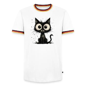 Funny black cat with big eyes – splash - Men's Ringer Shirt - white/tricolour - Front - AI Model Female 172 light (172cm) & AI Model Male 185 light (185cm)